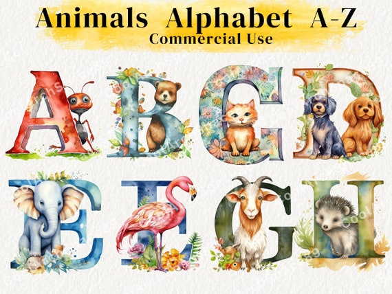 Watercolor Animals Alphabet Clipart, Printable Letters (PNG)