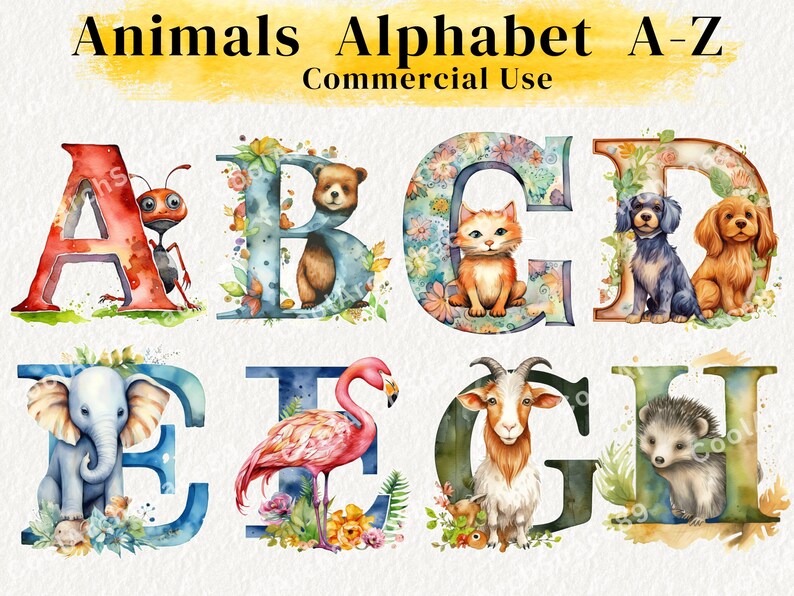 May include: Watercolor illustration of the alphabet A-Z with animals. Each letter is decorated with flowers and foliage. The letters are in a variety of colors, including red, blue, green, and yellow. The animals include an ant, bear, cat, dog, elephant, flamingo, goat, and hedgehog.
