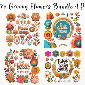 Retro Clipart 4 Png Bundle  , Groovy Flowers PNG , Groovy  Clipart, Groovy Boho, Hippie Art,  Good Vibes Clip Art , Digital Download.