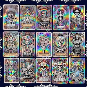 15 sarkastische Tarotkarten Tag der Toten Sublimations-Designs, digitale Zuckerschädelkunst für T-Shirts, Tassen und Kunsthandwerk.