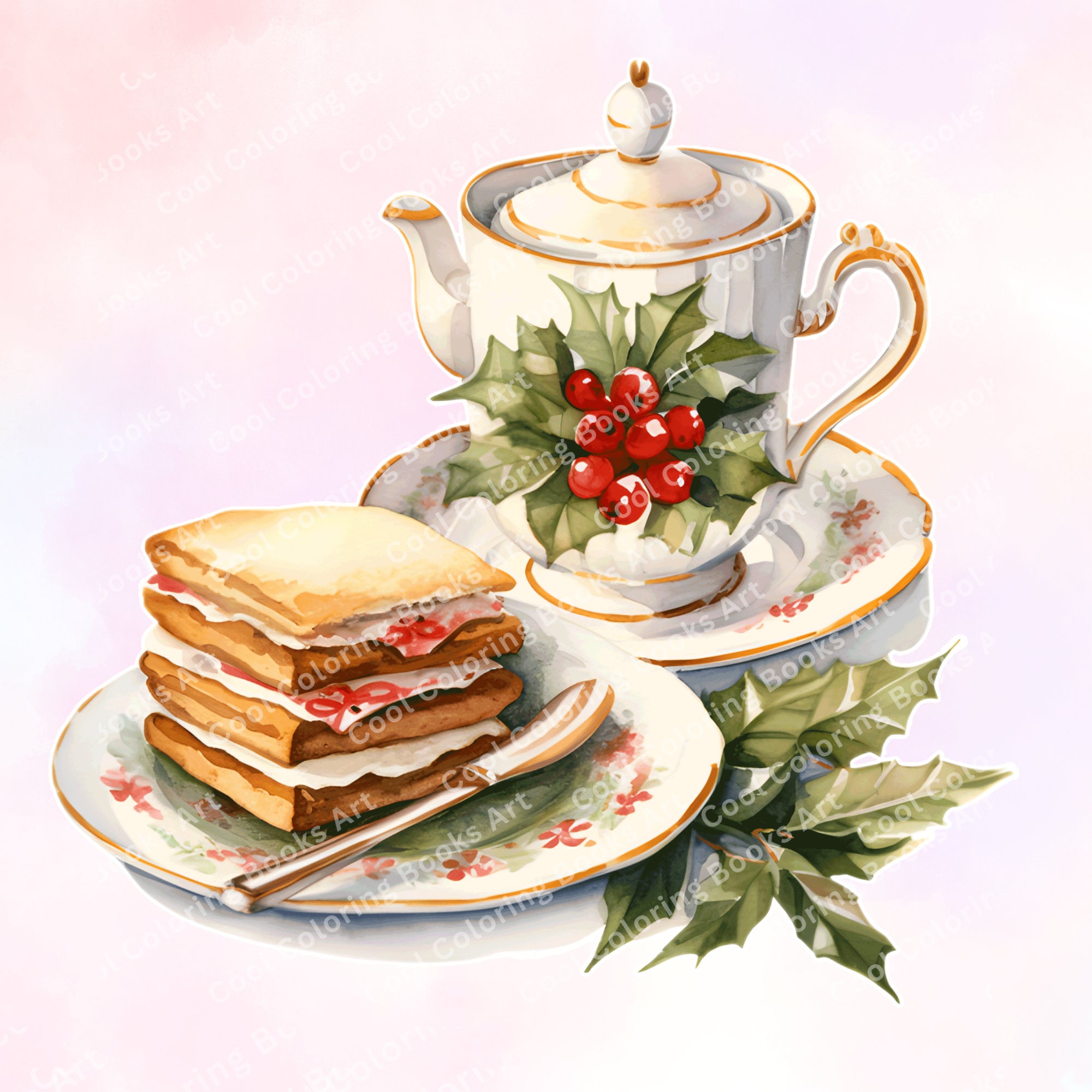 24 Christmas Tea Clipart, Winter Holiday Tea Cups, Garden Tea Clip Art