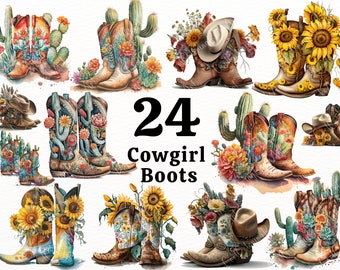 Clipart di stivali da cowgirl ad acquerello: Pacchetto di stivali con girasoli (Download digitale)