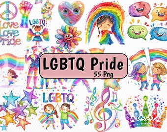 Pacote de Cliparts do Orgulho LGBTQ: 55 Desenhos de Arco-Íris em Aquarela (PNG)