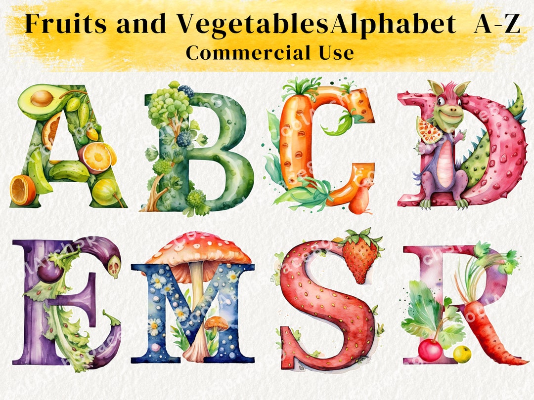 Fruit and Vegetables Alphabet Print , AZ Food Fruit and Veg ABC Wall Art Nursery Art Nursery