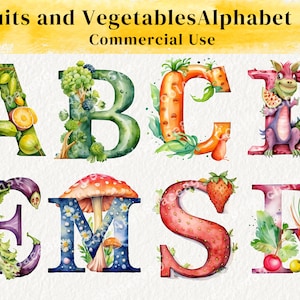 Fruit and Vegetables Alphabet Print , A-Z Food Fruit and Veg - ABC wall art - Nursery art - Nursery decor - Kids room decor ,Letters poster.