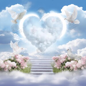 May include: A serene image of a heart-shaped cloud formation in a bright blue sky, with white doves in flight. Pink roses and a staircase lead up to the clouds, creating a peaceful, heavenly scene.