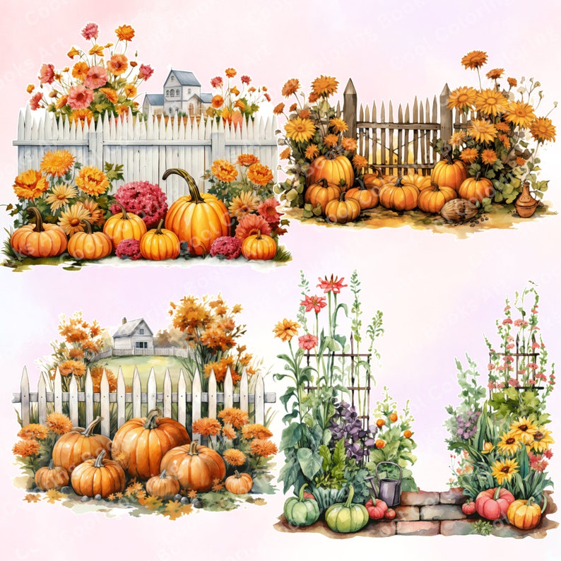 13 Watercolor Pumpkin Garden Clipart Bundle Fall Scences - Etsy