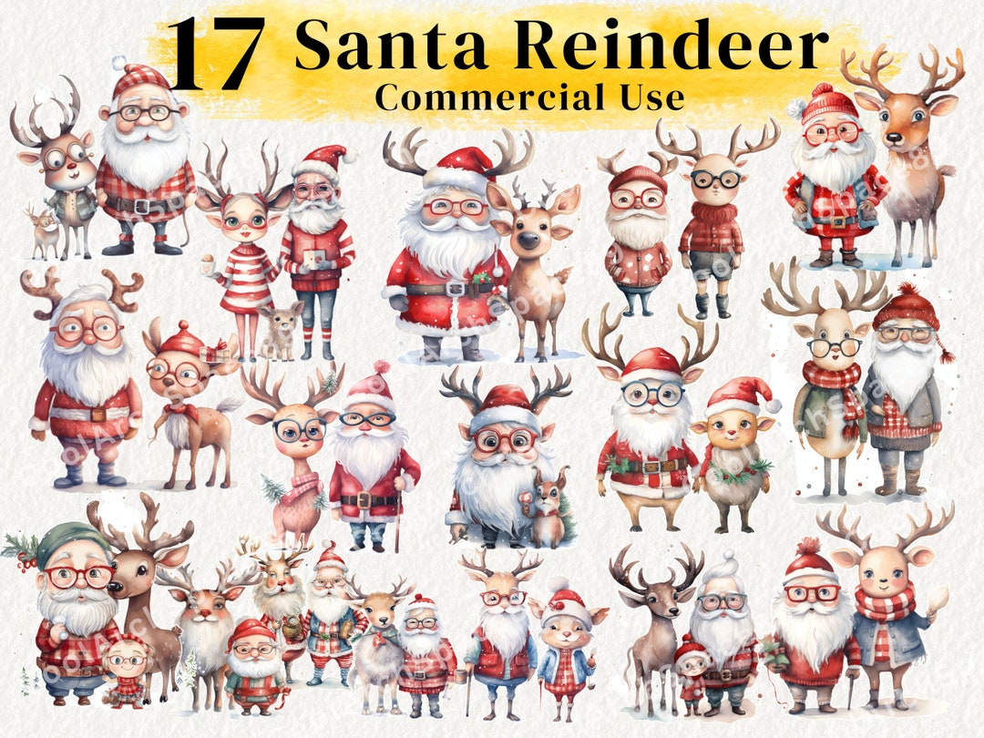 17 Santa Reindeer Watercolor PNG Bundle , Santa Claus Clipart ...