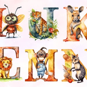 May include: Watercolor illustration of the letters I, U, K, E, M, and N with various animals. The letter I features a bee, U features a leopard, K features a kangaroo, E features a lion, M features a monkey, and N features a squirrel.