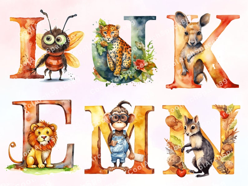 May include: Watercolor illustration of the letters I, U, K, E, M, and N with various animals. The letter I features a bee, U features a leopard, K features a kangaroo, E features a lion, M features a monkey, and N features a squirrel.