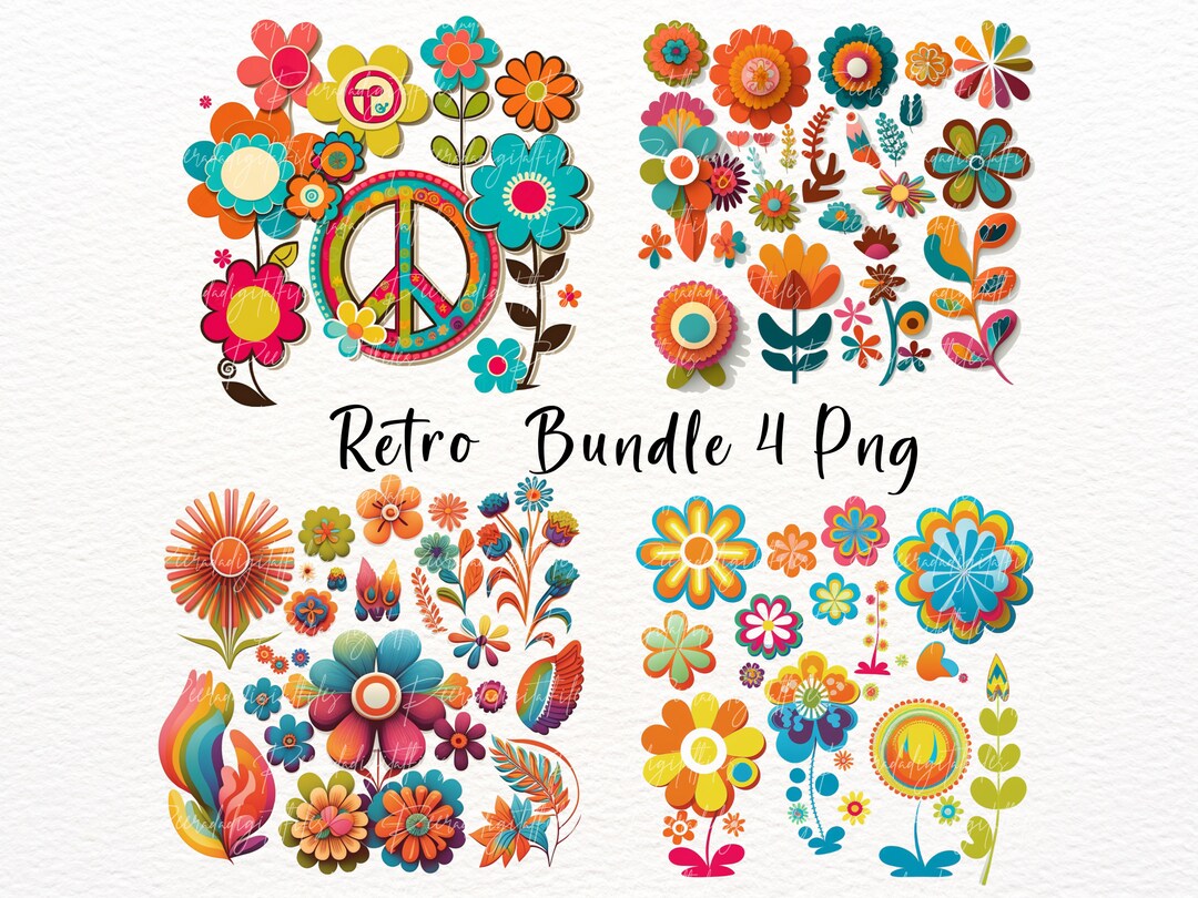 Retro Flower PNG Bundle: Groovy Boho Floral Art (digital Download) - Etsy