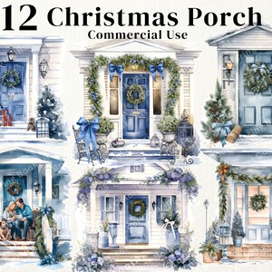 12 Watercolor Christmas Porch clipart,  PNG files, xmas clip art, Christmas decor, card making,  Commercial Use.