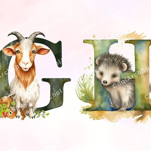 May include: Watercolor illustration of the letters G and H with a goat and a hedgehog. The letter G is green and the letter H is blue. The goat is brown and white and the hedgehog is gray and brown.