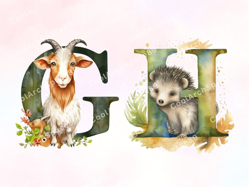 May include: Watercolor illustration of the letters G and H with a goat and a hedgehog. The letter G is green and the letter H is blue. The goat is brown and white and the hedgehog is gray and brown.