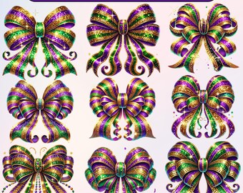 11 Mardi Gras Elegant Bow Clipart, Purple Green Gold Bow PNG, Carnival Ribbon Digital Download, Festive Bow Sublimation.