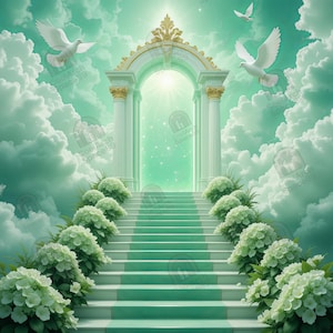 May include: An ethereal scene depicts a stairway leading to a golden archway, flanked by white columns and lush white flowers. Two doves fly in the sky, amidst fluffy clouds, creating a serene, heavenly atmosphere.