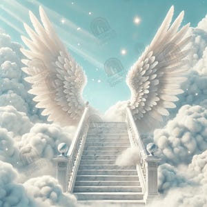May include: A digital illustration depicts a heavenly scene with a marble staircase ascending into the sky. Large white angel wings frame the top of the stairs, set against a backdrop of fluffy clouds and a light blue sky with stars.