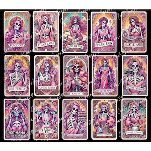 15 PNG Skelett Tarotkarte Hot Mama Lustige Tarotkarte PNG, sarkastischer schwörender Skelettschädel, Snarky Witchy Tarot, trendiges Sublimationsdesign.