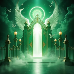 Green Sky Heaven Forever In Our Hearts Angel Wings Memorial JPG, add photo rest in peace template for funeral RIP Memorial.