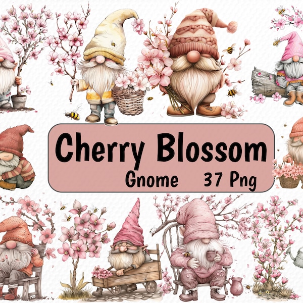 37 Watercolor Pink Cherry Blossom gnomes png, Cute Floral Gnome, Valentines Gnomes Clipart, Helspring gnomes, Floral Wreaths, Gnome Wall Art