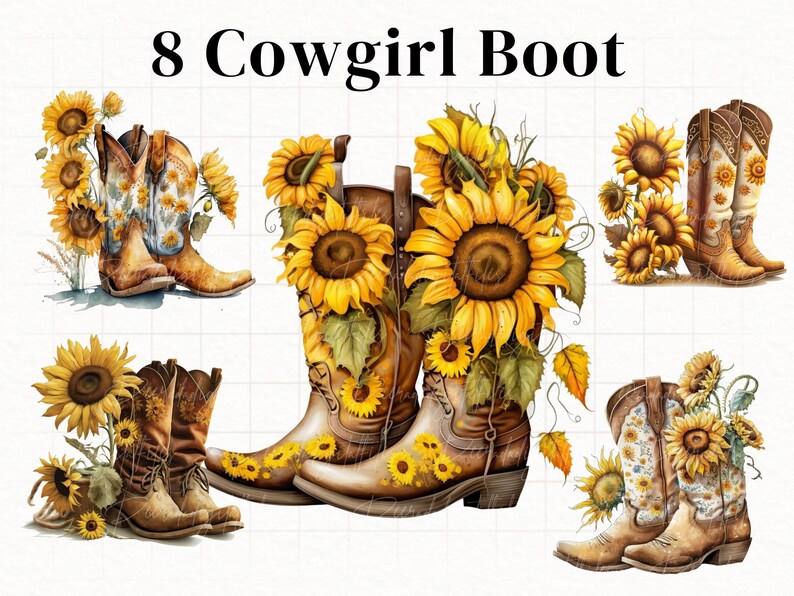 8 Cowgirl Boots & Sunflowers Watercolor Country Cowboy - Etsy
