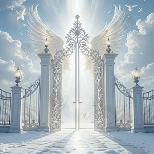 May include: An artistic depiction of the pearly gates, featuring ornate white gates with angel wings and a bright light emanating from within. The scene includes doves, clouds, and a snow-covered path, creating a heavenly atmosphere.