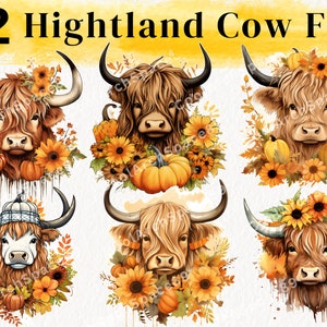 12  Highland Cow Fall PNG  Bundle , Highland Cow PNG , Highland Cow  Printable Highland Cow Art ,Fall Highland Cow.