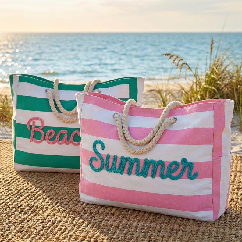 Peut inclure: Deux sacs de plage ray&eacute;s, un vert et blanc avec le mot "Beach" en rose, l'autre rose et blanc avec le mot "Summer" en turquoise. Les deux sacs ont des anses en corde, parfaits pour la plage.