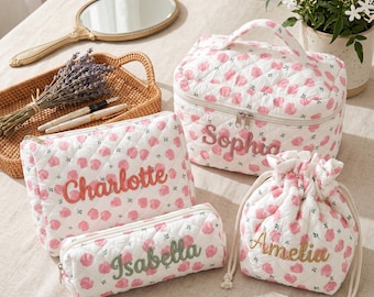 Personalized Embroidered Makeup Bag,Custom Makeup Bag,Floral Cosmetic Bag,Travel Makeup Pouch, Women Toiletry Bag,Bridesmaid Gift