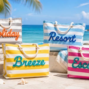 Sac fourre-tout de plage avec fermeture éclair, grand sac de piscine imperméable, fourre-tout en toile rayé personnalisé, sac de voyage pour filles, EVJF, cadeau pour elle image 4