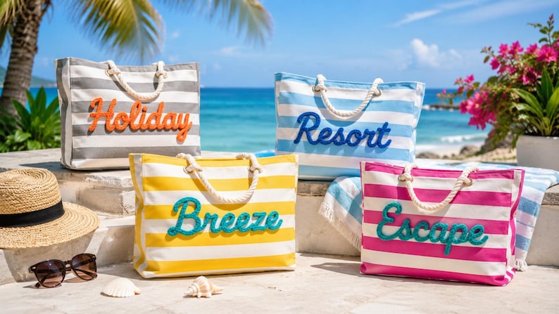 Sac fourre-tout de plage avec fermeture éclair, grand sac de piscine imperméable, fourre-tout en toile rayé personnalisé, sac de voyage pour filles, EVJF, cadeau pour elle image 4