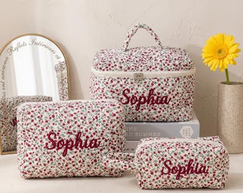 Floral Bow Quilted Makeup Bag, Custom Embroidered Cotton Toiletry Pouch, Personalized Travel Cosmetic Bag, Bridal Shower Gift
