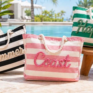 Sac fourre-tout de plage avec fermeture éclair, grand sac de piscine imperméable, fourre-tout en toile rayé personnalisé, sac de voyage pour filles, EVJF, cadeau pour elle image 9