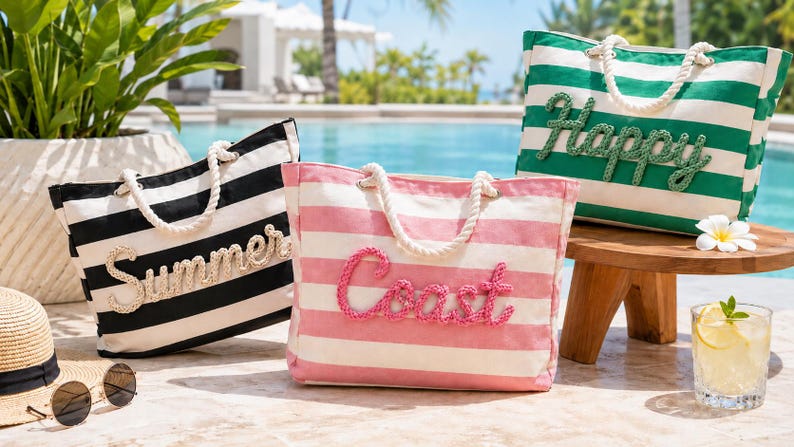 Sac fourre-tout de plage avec fermeture éclair, grand sac de piscine imperméable, fourre-tout en toile rayé personnalisé, sac de voyage pour filles, EVJF, cadeau pour elle image 9