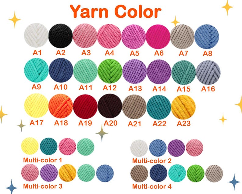 Peut inclure: Un nuancier de fils intitul&eacute; "Yarn Color". Le tableau pr&eacute;sente diverses couleurs de fils, notamment blanc, noir, rose et bleu. Chaque couleur est repr&eacute;sent&eacute;e par une petite pelote de laine et un num&eacute;ro correspondant, avec des options multicolores en bas.