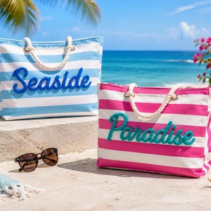 Sac fourre-tout de plage avec fermeture éclair, grand sac de piscine imperméable, fourre-tout en toile rayé personnalisé, sac de voyage pour filles, EVJF, cadeau pour elle image 6