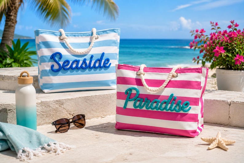 Sac fourre-tout de plage avec fermeture éclair, grand sac de piscine imperméable, fourre-tout en toile rayé personnalisé, sac de voyage pour filles, EVJF, cadeau pour elle image 6