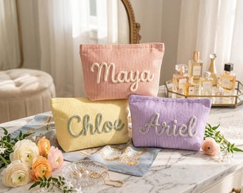 Custom Name Corduroy Toiletry Makeup Bag, Chenille Travel Pouch for Her, Bridesmaid Bachelorette Birthday & New Mom Baby Shower Gift