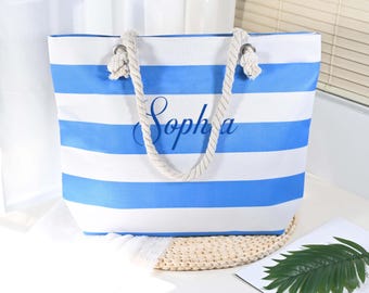 Bolsa de playa a rayas personalizada, regalo con monograma personalizado