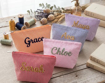Monogrammed Seersucker Toiletry Bag, Custom Embroidered Makeup Pouch, Portable Travel Cosmetic Bag, Unique Bridesmaid Party Gift