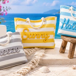 Sac fourre-tout de plage avec fermeture éclair, grand sac de piscine imperméable, fourre-tout en toile rayé personnalisé, sac de voyage pour filles, EVJF, cadeau pour elle image 8