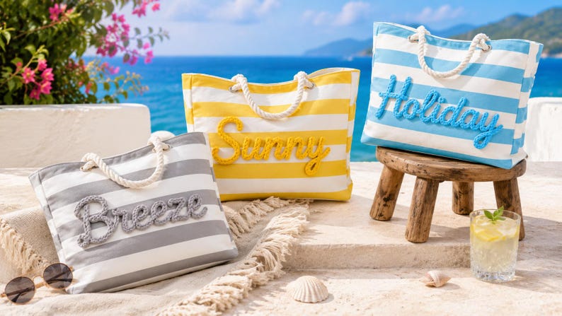Sac fourre-tout de plage avec fermeture éclair, grand sac de piscine imperméable, fourre-tout en toile rayé personnalisé, sac de voyage pour filles, EVJF, cadeau pour elle image 8