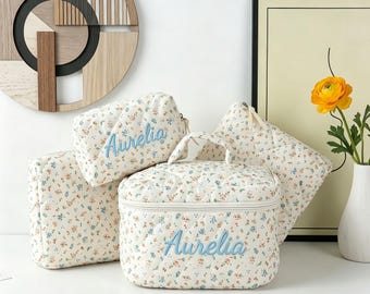 Monogram Bow Makeup Bag, Embroidered Floral Toiletry Pouch, Custom Cotton Cosmetic Bag, Bridesmaid Proposal, Bridal Party Gifts