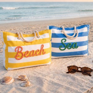 Stranddraagtas met ritssluiting, grote waterdichte zwembadtas, gepersonaliseerde gestreepte canvas draagtas, reistas meisjes, vrijgezellenmeisjes, cadeau voor haar