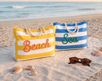 Beach Tote Bag With Zipper, Large Waterproof Pool Bag, Personalized Striped Canvas Tote, Girls Trip Bag, Bachelorette Girls, Gift For Her
