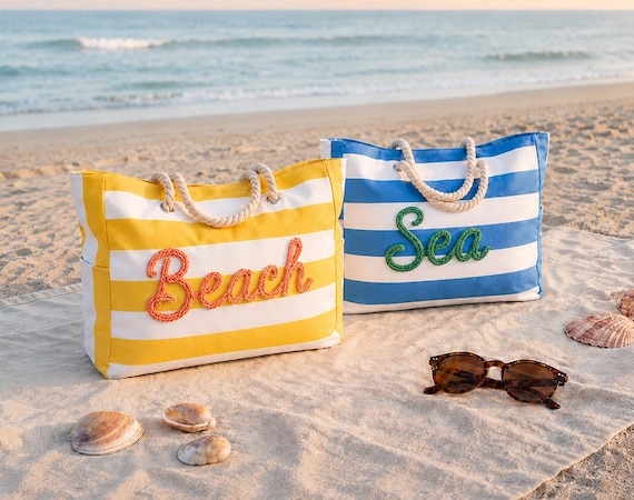 Beach Tote Bag With Zipper, Large Waterproof Pool Bag, Personalized Striped Canvas Tote, Girls Trip Bag, Bachelorette Girls, Gift For Her