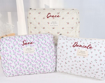 Personalized floral embroidered makeup bags for bridesmaids, bridal showers, travel organizers and Christmas gifts.