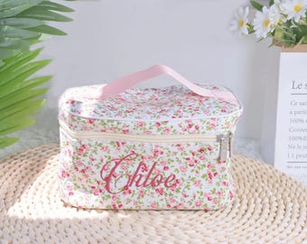 Custom Embroidered Floral Makeup Bag, Personalized Cosmetic Pouch