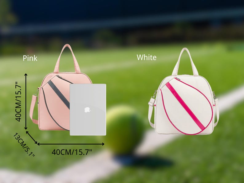 May include: Two tennis racket bags, one pink and one white, with pink accents. Both bags are 15.7 inches tall and 5.1 inches wide. The pink bag is shown with a laptop inside.