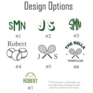 May include: Seven different design options for a tennis-themed logo. The options include a monogram, initials, a tennis racket, and a tennis ball. The text "The Bella Tennis Club Est. 1994" is included in one of the designs.